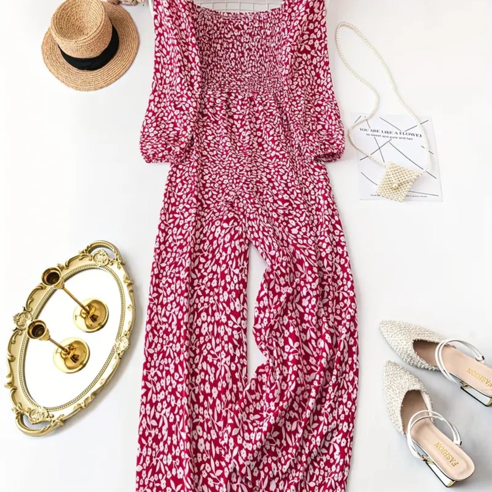 Red and pink Floral Long Sleeve Romper plus size 2XL